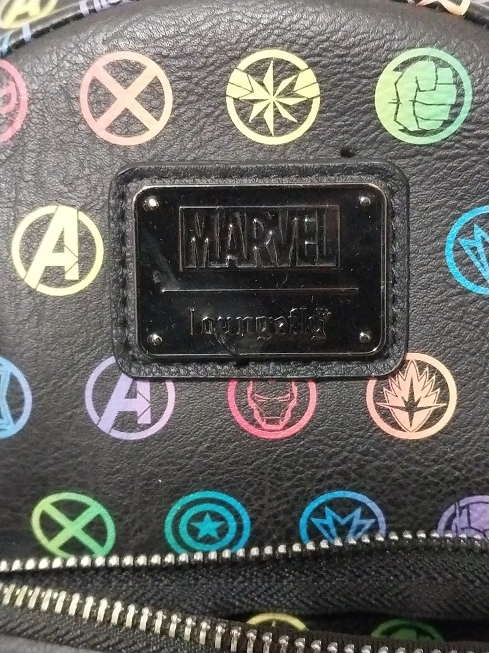 Loungefly Black Mini Backpack with Colorful Marvel Superhero Icons